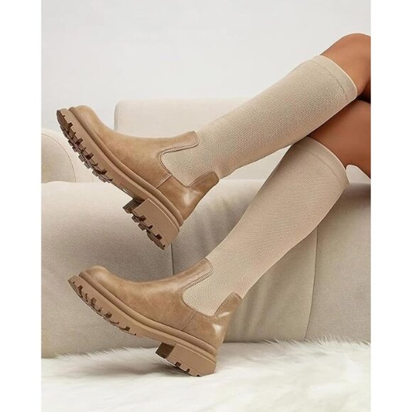 🆕 MOUSSE FIT Women’s Apricot Knee High Boots Chunky Heel Lug Sole Rubber - Picture 5 of 6